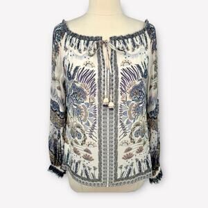Hale Bob Blouse Size L Boho Floral Off Shoulder Bohemian Peasant Long Sleeve Top